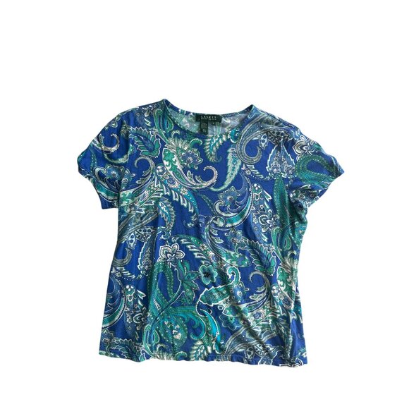 LAUREN RALPH LAUREN Blue Paisley Casual T Shirt Size Medium - Picture 3 of 3